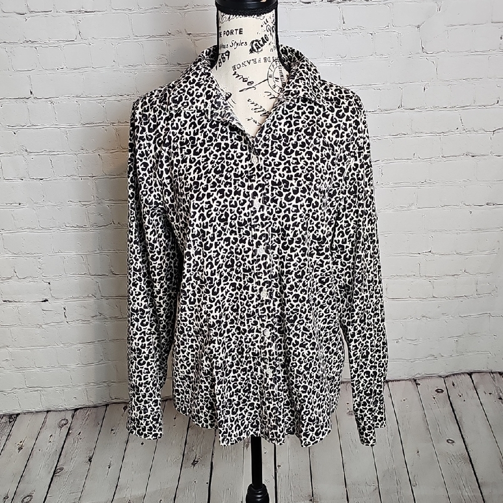 Talbots Petites Black and Cream Animal Print Blouse